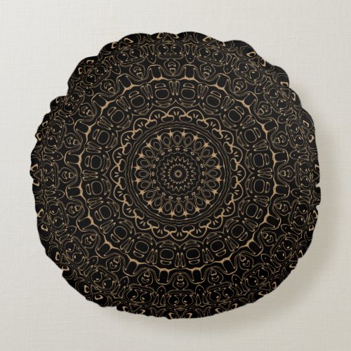 Camel on Black Mandala Kaleidoscope Medallion Round Pillow