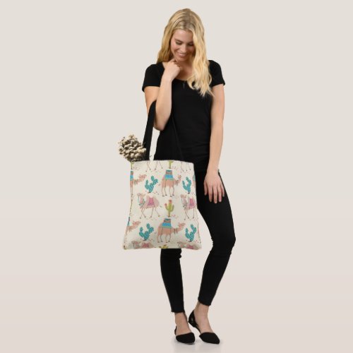 camel pattern cactus pattern desert print tote bag