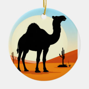 Camel Silhouette in Desert Sunset Landscape Ceramic Ornament