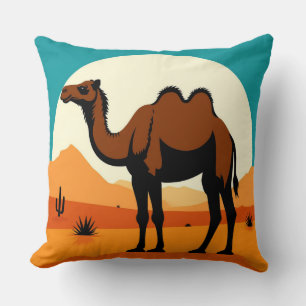 Camel Silhouette in Desert Sunset Landscape Throw Pillow