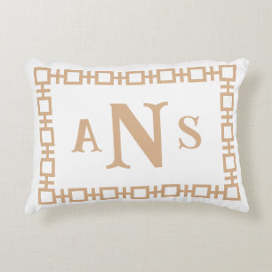Camel Tan Square Greek Key Monogram Accent Pillow