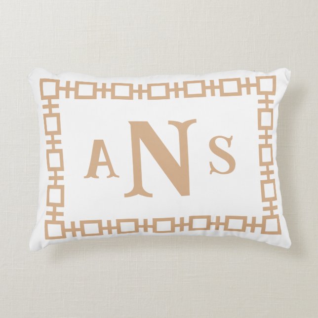 Camel Tan Square Greek Key Monogram Accent Pillow (Front)