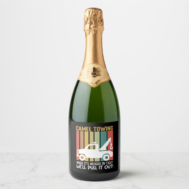 Camel Towing Retro Adult Humor Saying Halloween Sparkling Wine Label (Front)