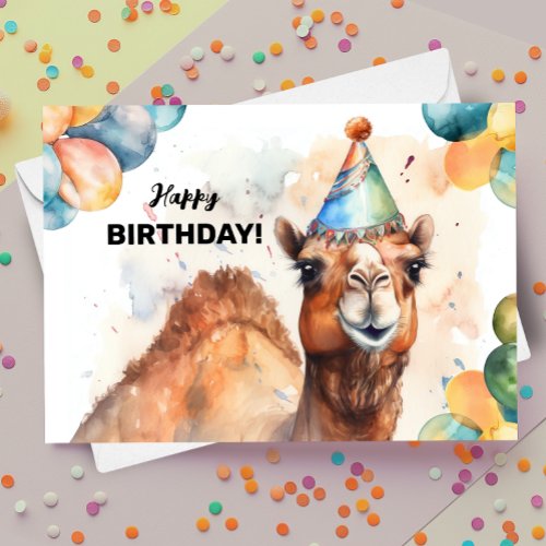 Camel with Balloons and Party Hat Happy Birthday Card