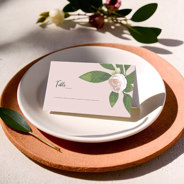 Camellia and Greenery Simple Elegant Wedding Place Card (Camellia and Greenery Simple Elegant Wedding Place Card)