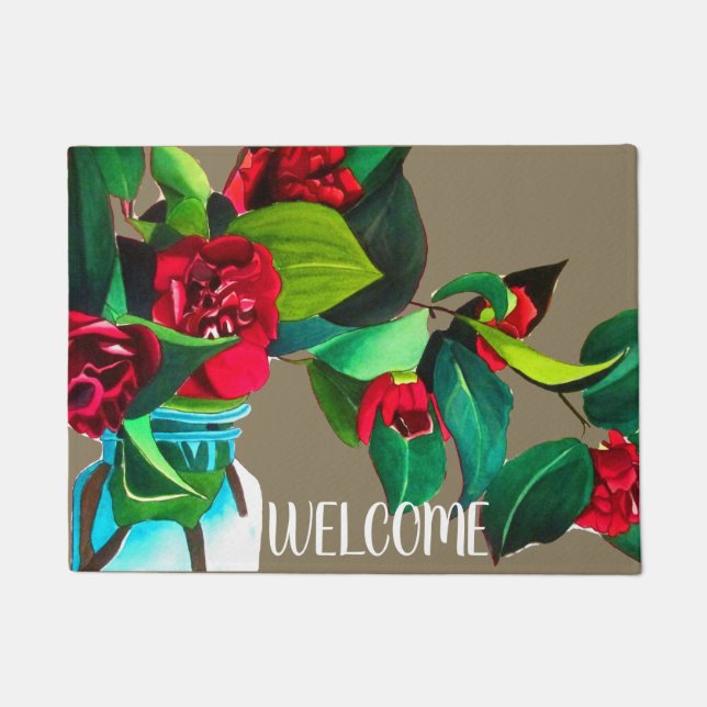 Camellia flower watercolor art welcome mat (Front)