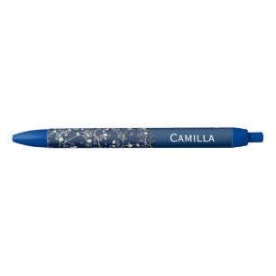 Camellia Flowers Navy Blue Custom Name Pen