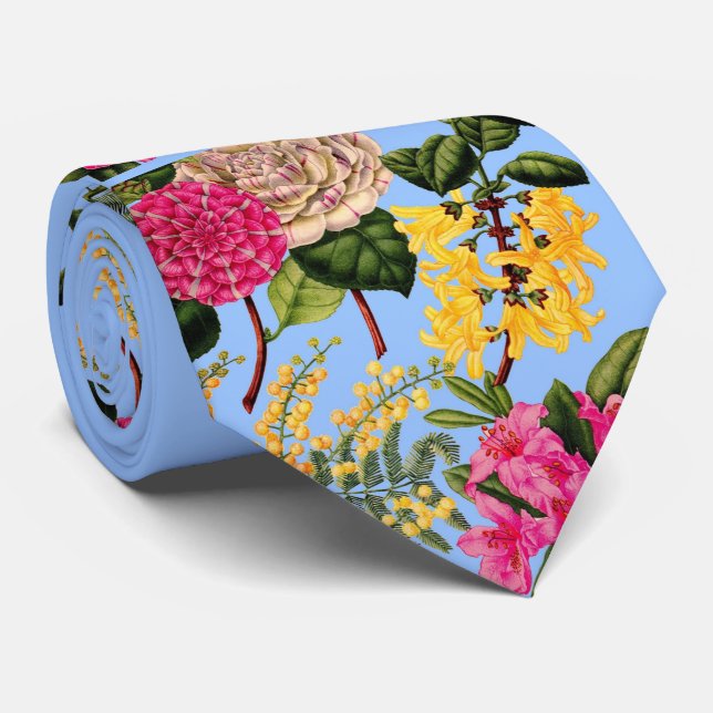 camellia, forsythia, rhododendron acacia print neck tie (Rolled)