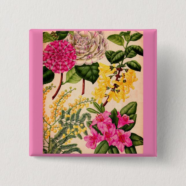 camellia, forsythia, rhododendron and acacia pinback button (Front)