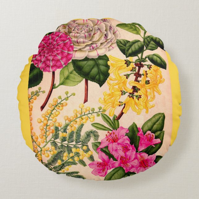 camellia, forsythia, rhododendron and acacia round pillow (Front)