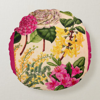 camellia, forsythia, rhododendron and acacia round pillow