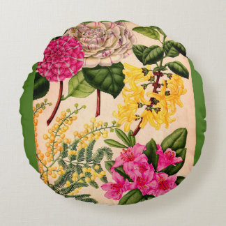 camellia, forsythia, rhododendron and acacia round pillow