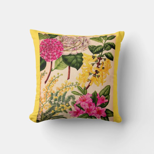 camellia, forsythia, rhododendron and acacia throw pillow (Front)