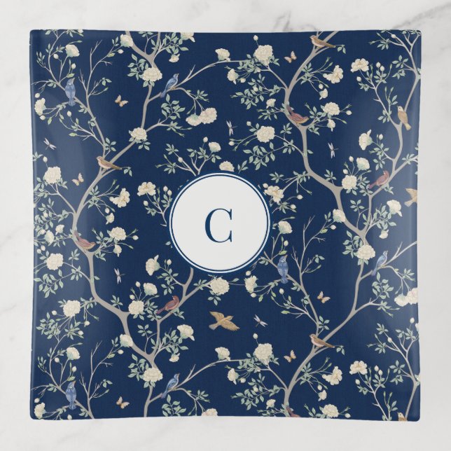 Camellia Garden Navy Blue Chinoiserie Trinket Tray (Front)