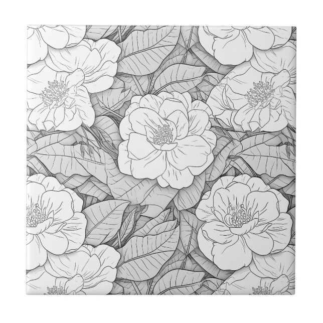 Camellia in Black and White Ceramic Tile (Front)