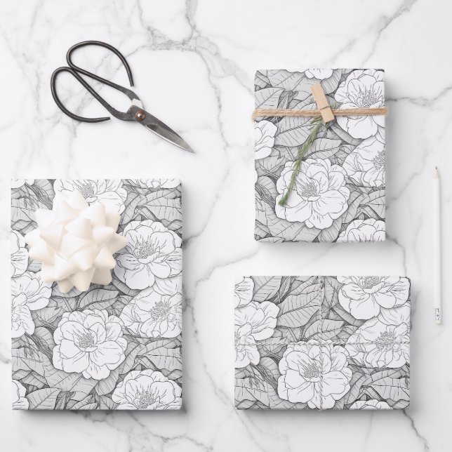 Camellia in Black and White Wrapping Paper Sheets (Front)