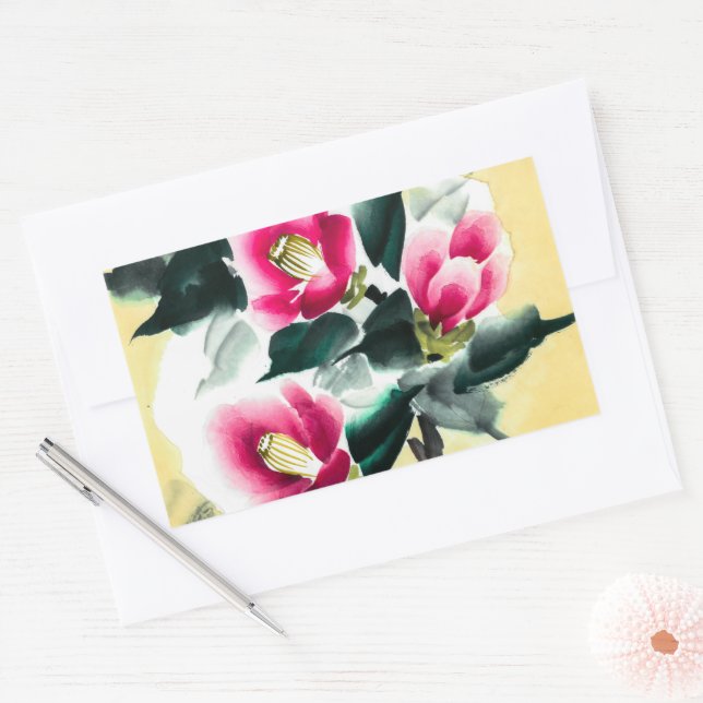 Camellia in snow painted in sumie technique rectangular sticker (Envelope)