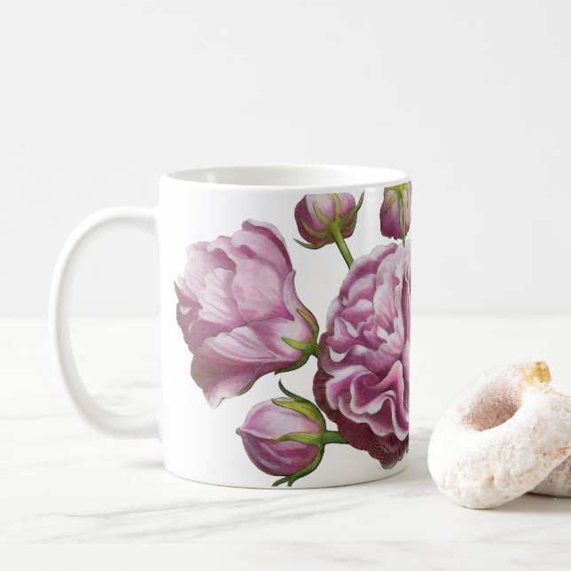 Camellia Rose Garden Flowers Coffee Mug (With Donut)