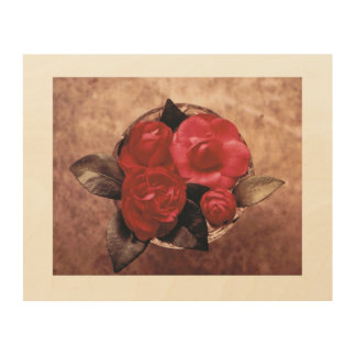 Camellias in Vase Wood Wall Decor