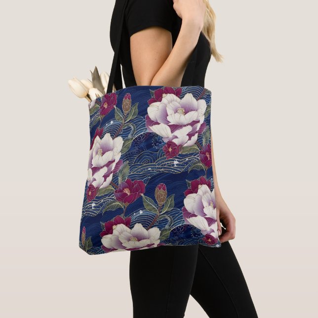 Camellias on Dark Blue Tote Bag (Close Up)