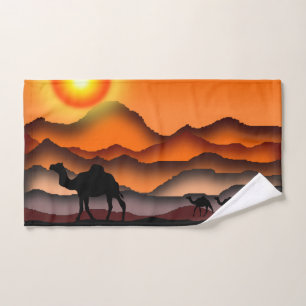Camels At Sunset Desert Bath Towels - Painting