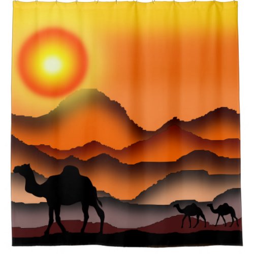 Camels At Sunset Desert Shower Curtain _ Painting