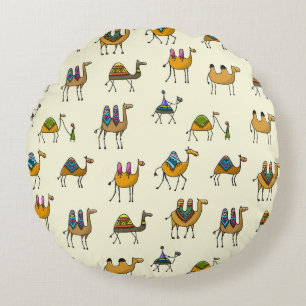 Camels Caravan Decorative Seamless Pattern Round Pillow