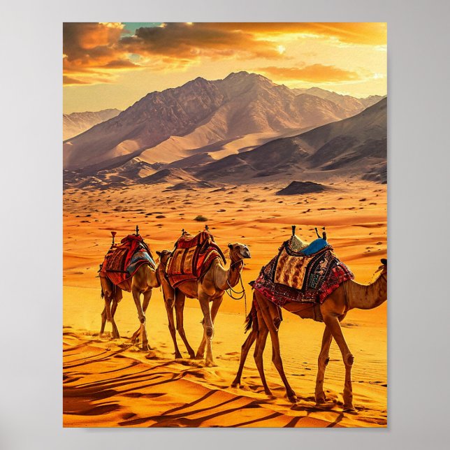Camels caravan in the desert poster (Front)