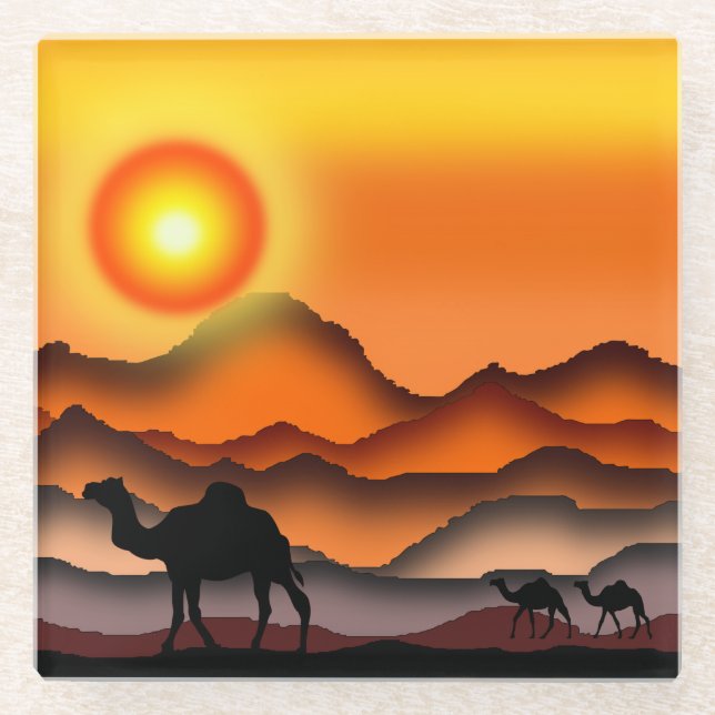 Camels In Beautiful Desert Sunset - Painting  Glass Coaster (Front)