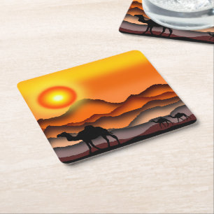 Camels In Desert Sunset Paper Coaster