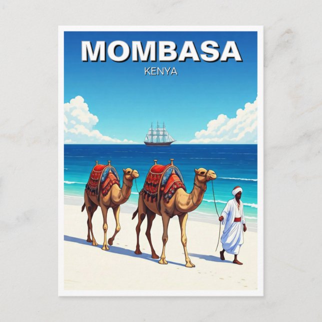 Camels on the beach in Mombasa Kenya Postcard (Front)