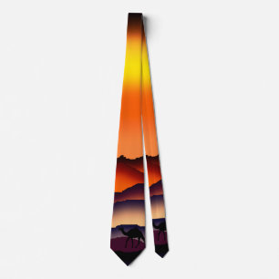 Camels Silhouette At Desert Sunset Neck Tie