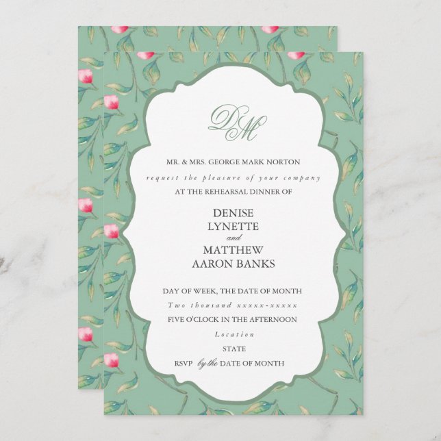 Cameo Green and Basil Green Rehearsal Dinner Invitation (Front/Back)