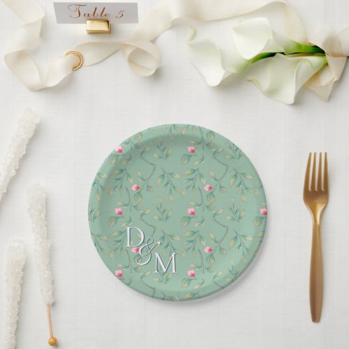 Cameo Green Floral  Paper Plates