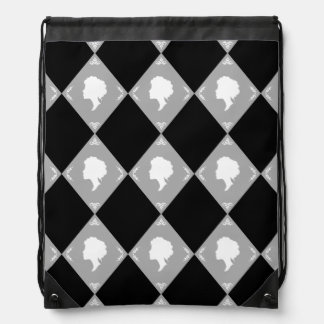 Cameo Harlequins, Grey, White, Black Drawstring Bag