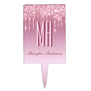 CAMEO PINK GLITTER DRIP CURSIVE NAME MONOGRAM CAKE TOPPER