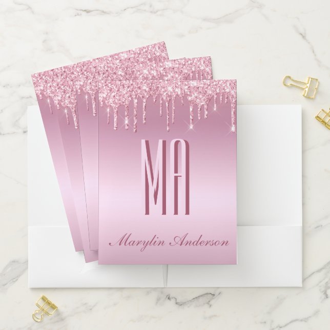 CAMEO PINK GLITTER DRIP CURSIVE NAME MONOGRAM POCKET FOLDER (In Situ)