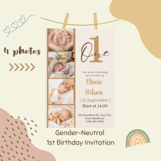 Camera Film 4 Photos First Birthday Party Invite