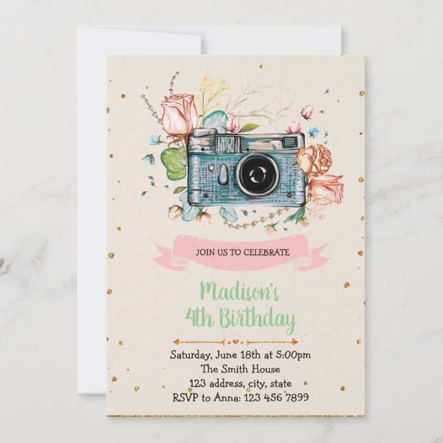 Camera girl birthday party invitation (Front)