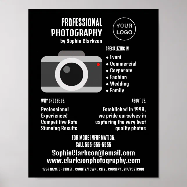 Camera Icon, Photographer, Photography Hire Poster | Zazzle