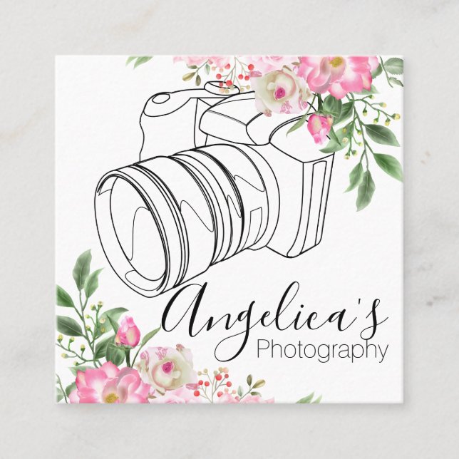 Camera Illustration | Flowers and Leaves Square Business Card (Front)