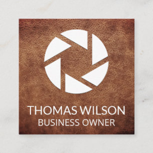 Camera Lens Icon   Leather Background Square Business Card