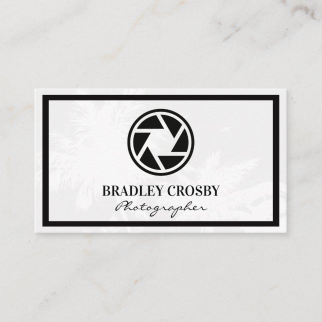 Camera Lens Icon | Tropical Trees Background Business Card (Front)