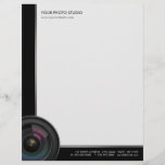 Camera Lens Photographer business letterhead<br><div class="desc">Professional business letterhead template for photographers,  photo studio or other photography related business with illustration of camera lens and black frame.
 Fully customizable,  personalize it with your own info or customize it further if you wish to adjust the layout.
 Matching business cards also available:</div>