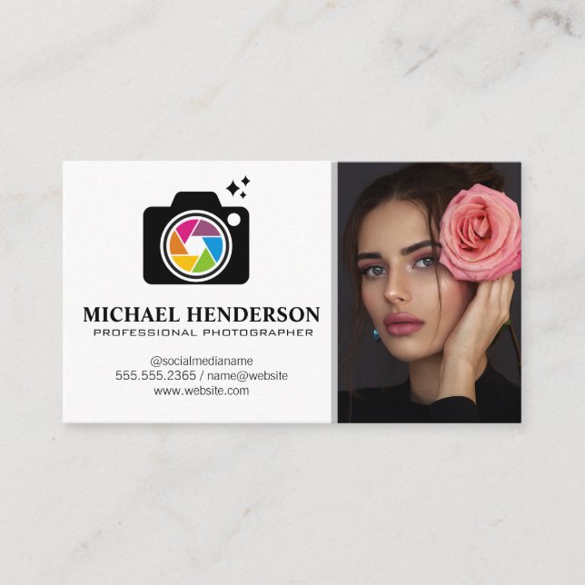 Camera Logo | Model Holding Rose Business Card (Front)