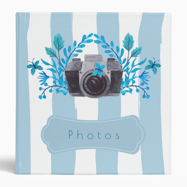 Camera With Azure Blue Leaves And Butterflies 3 Ring Binder (Front)
