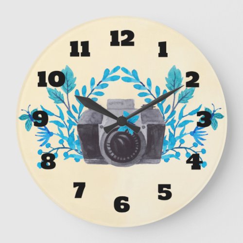 Camera With Azure Blue Leaves And Butterflies Large Clock