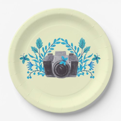 Camera With Azure Blue Leaves And Butterflies Paper Plates