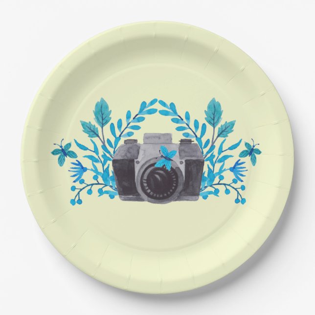 Camera With Azure Blue Leaves And Butterflies Paper Plates (Front)