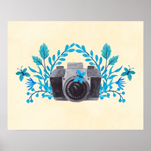 Camera With Azure Blue Leaves And Butterflies Poster